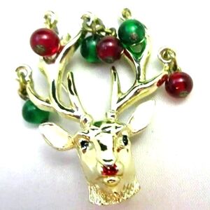 Vtg Unsigned Ball Dangle Rudolph Reindeer Pin Brooch